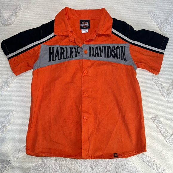 Harley Davidson 100% Cotton Kids Orange Black and Gray Button up Shirt w Collar - Picture 1 of 6